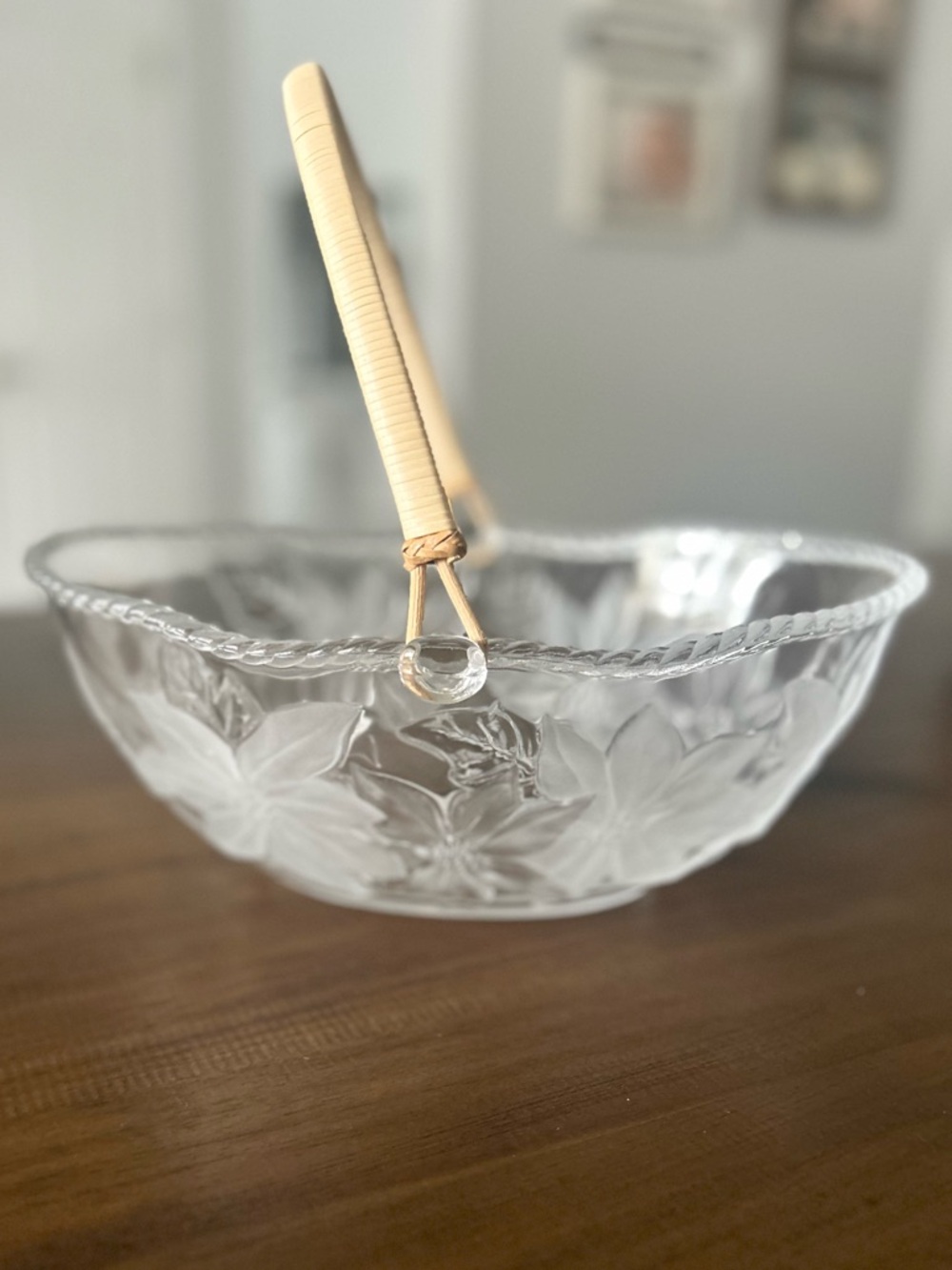 Vintage WP&G (Casa Japan) Frosted Glass Poinsettia Basket with Bamboo Handle